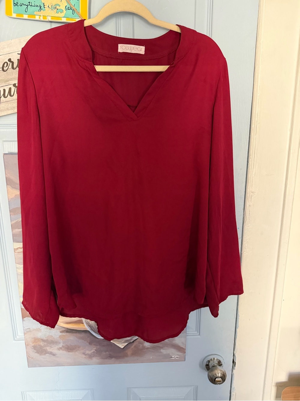 Women’s Red V-Neck Long Sleeve Top